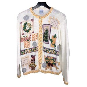 Vintage 90s Off White Christmas Button Up Ramie Blend Knit Cardigan Medium